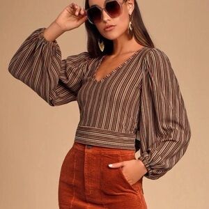 Free People Striped V-Neck Long Sleeve Top with Open Tie Back